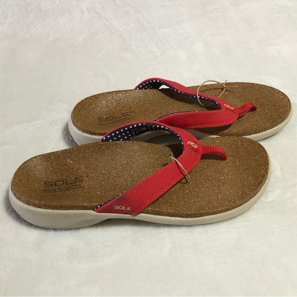 SOLE Red Fabric Flip-Flops With A Recorked Footbed • Women’s Sz 10 - Picture 2 of 6